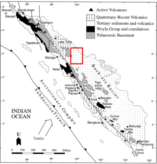 Gambar II.3 Peta Tektonik Sumatera yang merupakan batas aktif konvergensi  Lempeng Indo-Australia terhadap Lempeng Eurasia dengan  konfigurasi sebaran litologi (Barber, 2000)