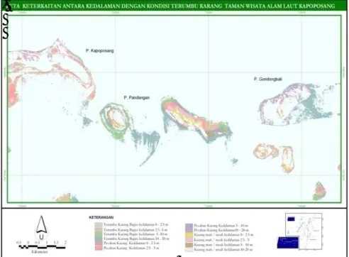 Gambar  9. Peta kedalaman versus kondisi terumbu karang di Taman Wisata  Alam Laut Kapoposang Sulawesi Selatan (Faizal dan Jompa, 2010)  B