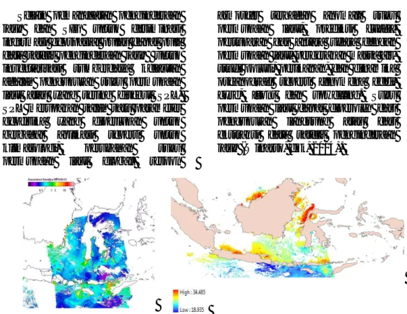 Gambar 2. Sebaran SPL Wilayah Indonesia dari Data MODIS 1 Austus 2013  (kanan) dan Sebaran Konsentrasi Klorofil-a Dari Data MODIS 23 September 2014 