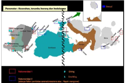 Gambar 6. Lokasi rekomendasi untuk pariwisata bahari di NTB berdasarkan  data penginderaan jauh (Winarso, dkk, 2014) 