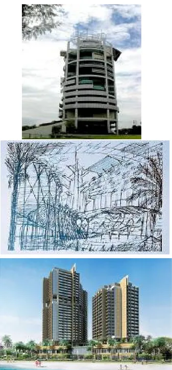 Gambar  10  :  Menara  Mesiniaga  karya  Kenneth  Yeang  (atas), Sketsa Tropical City karya Tay Kheng Soon (tengah),   Crown Plaza Nha Trang karya Tan Hock Beng (bawah).