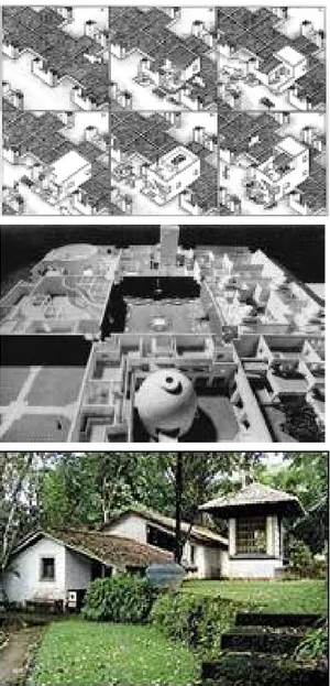 Gambar 11 : House in Ahmedabad karya B.V Doshi (atas),  Jawahar Kala Kendar Jaipur karya Charles Correa (tengah),  House in Srilanka karya Geoffrey Bawa (bawah)
