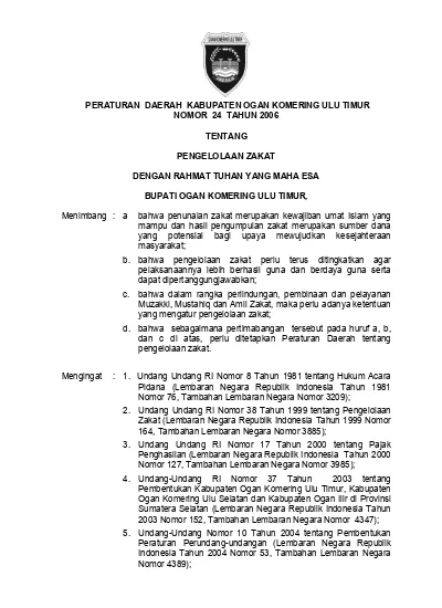 PERATURAN DAERAH KABUPATEN OGAN KOMERING ULU TIMUR NOMOR 24 TAHUN 2006 ...