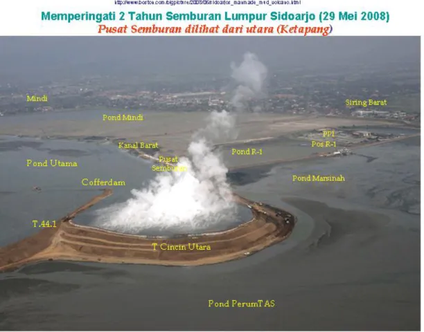 Gambar 55. Pusat semburan dan sekitarnya diambil dari Helikopter, tanggal 29 Mei 2008, bersamaan  dengan Hut ke 2 Lupsi