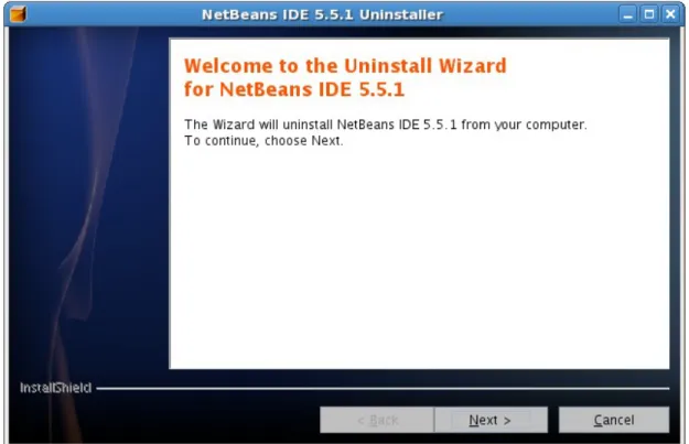 Gambar 1.3 : Un­instal NetBeans  3  Memulai Netbeans Jika PATH aplikasi NetBeans telah di set, untuk memanggil aplikasi NetBeans jalankan  perintah berikut : $ netbeans Atau $ opt/netbeans-5.5.1/bin/netbeans