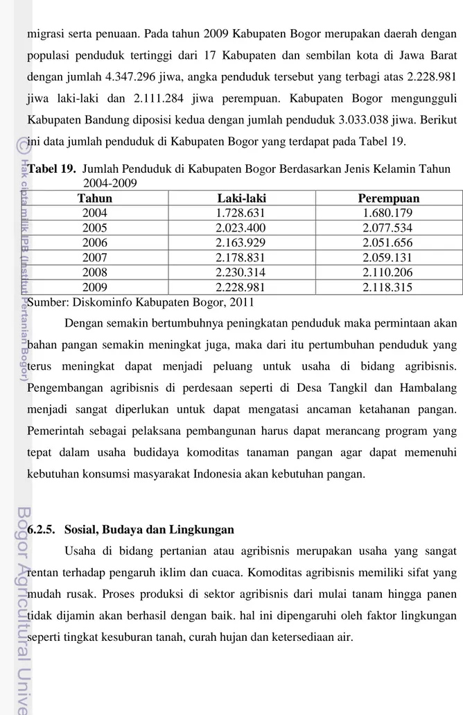 Tabel 19.  Jumlah Penduduk di Kabupaten Bogor Berdasarkan Jenis Kelamin Tahun  2004-2009 