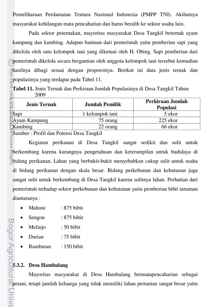 Tabel 11. Jenis Ternak dan Perkiraan Jumlah Populasinya di Desa Tangkil Tahun  2009 