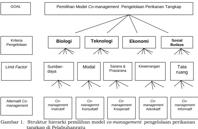 Gambar 1.  Struktur hierarki pemilihan model co-management  pengelolaan perikanan  tangkap di Pelabuhanratu 
