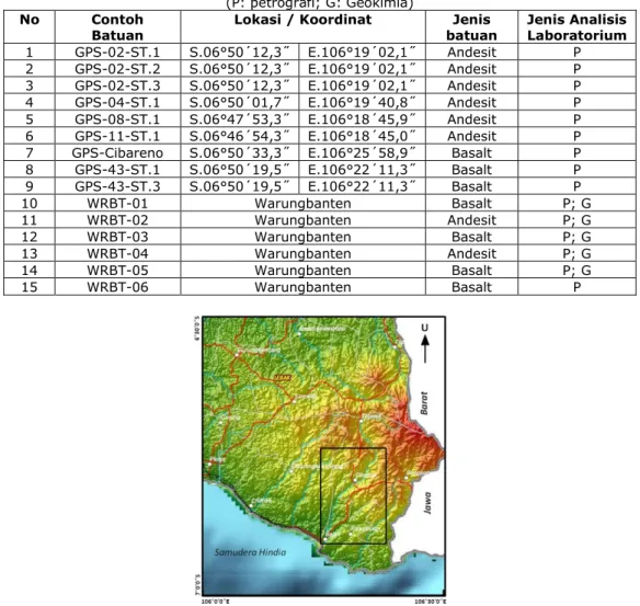 Tabel 1. Contoh Batuan, Lokasi dan Jenis Batuan yang Dilakukan Analisis Laboratorium  (P: petrografi; G: Geokimia) 