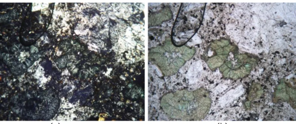 Gambar 8. Fotomikrograf contoh GPS-Cibareno memperlihatkan tekstur amygdales yang diisi klorit  dicirikan dengan warna hijau, berserabut, karbonat dan silika (a