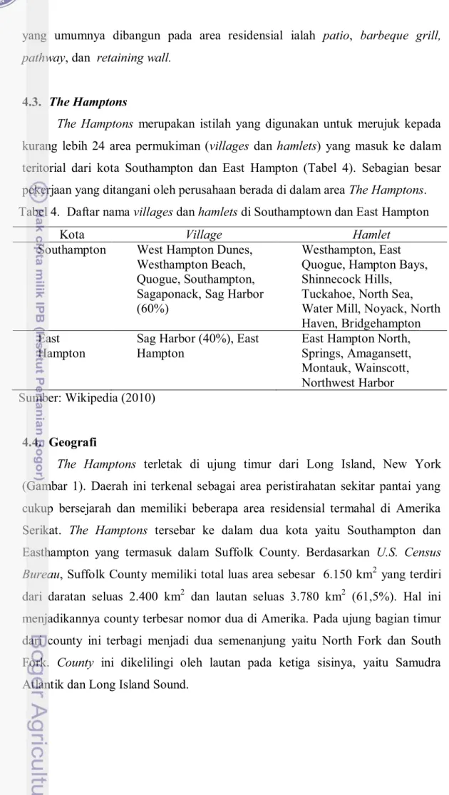 Tabel 4.  Daftar nama villages dan hamlets di Southamptown dan East Hampton 