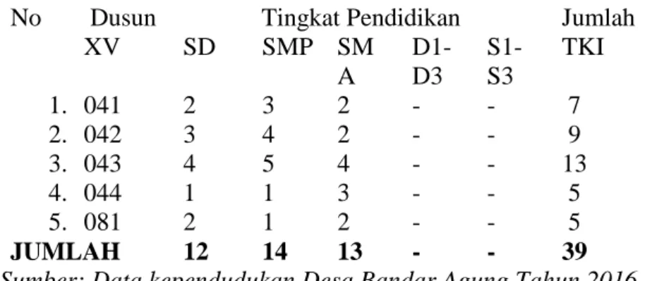 Tabel  1.1  Data  jumlah  TKI  berdasarkan  tingkat  pendidikan periode Januari  s/d  Agustus  tahun  2016  di  Dusun  XV  Desa  Bandar Agung.
