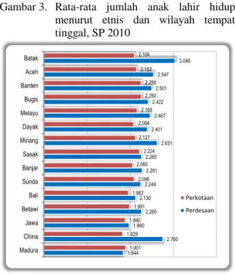 Gambar 3.   Rata-rata  jumlah  anak  lahir  hidup  menurut  etnis  dan  wilayah  tempat  tinggal, SP 2010 