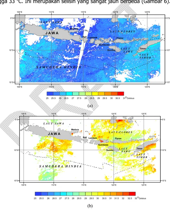 Gambar 6. Citra Suhu Permukaan Laut Tanggal 26 Januari 2005  (a) NOAA-AVHRR dan (b) Aqua MODIS  