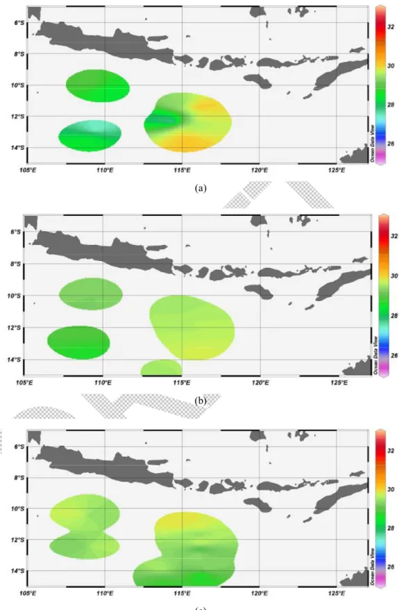 Gambar 7. Iso-Surface Suhu Permukaan Laut dari Data Argo Float di Daerah Penelitian  (a) Desember 2004, (b) Januari 2005, dan (c) Februari 2005 