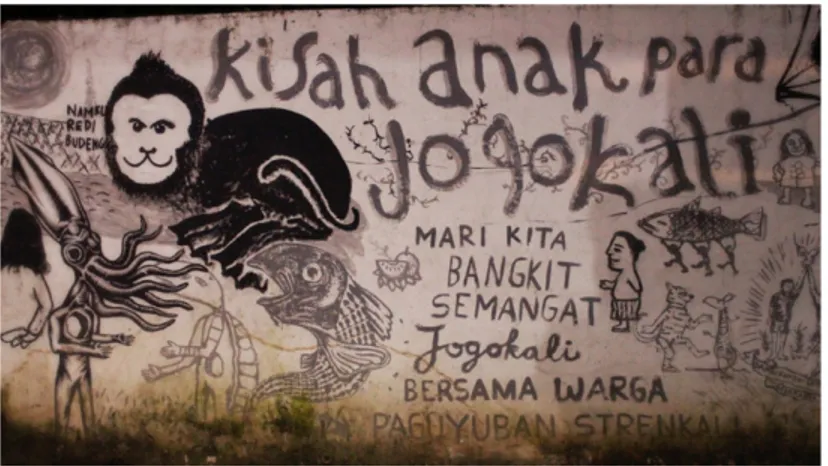 Gambar 1 Mural yang menceritakan kisah Anak Para Jogo Kali  Penerapan  konsep  Jogo  Kali,  diantaranya  ialah  diterapkan  degan  penyusunan program tabungan bersama untuk renovasi rumah masyarakat