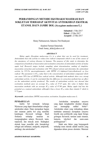 PERBANDINGAN METODE EKSTRAKSI MASERASI DAN SOKLETASI TERHADAP AKTIVITAS ...