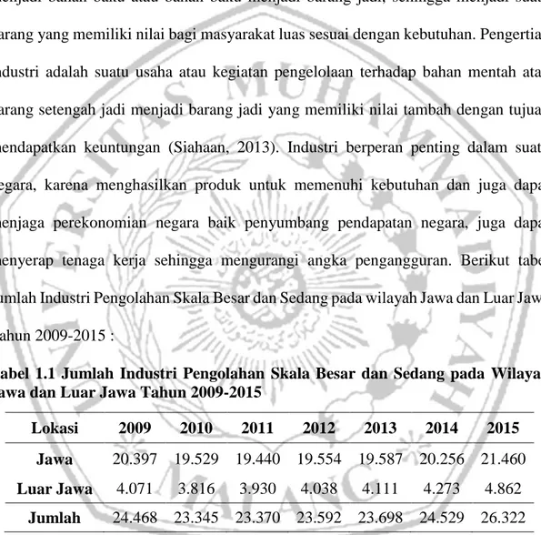 Tabel  1.1  Jumlah  Industri  Pengolahan  Skala  Besar  dan  Sedang  pada  Wilayah  Jawa dan Luar Jawa Tahun 2009-2015 