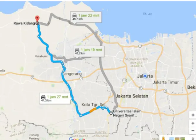 Gambar  3.1: Peta Perjalanan dari UIN Syarif Hidayatullah Jakarta ke Desa Rawa Kidang 17