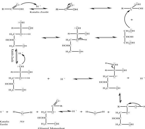Gambar 2. Rancangan Mekanisme Reaksi Esterifikasi Asam Oleat dan Gliserol   Jika  reaksi  tidak  berjalan  secara  keseluruhhan 