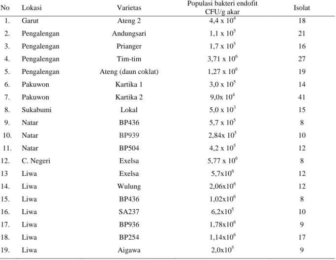 Tabel 1.     Kerapatan populasi bakteri endofit dalam sampel akar  kopi dari beberapa daerah di Jawa  Barat dan Lampung 