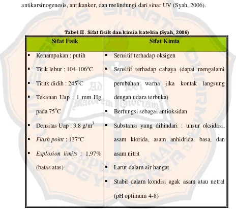 Tabel II. Sifat fisik dan kimia katekin (Syah, 2006) 