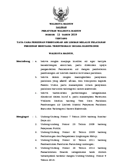 PERATURAN WALIKOTA MADIUN TENTANG TATA CARA PERIZINAN PEMBUANGAN AIR ...