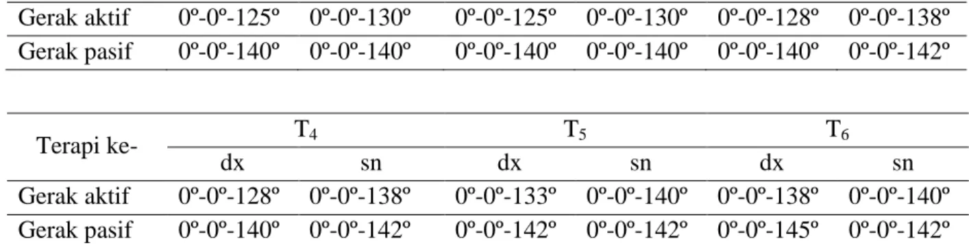 Tabel Pemeriksaan Aktivitas Fungsional  Nilai  normal  T 1 T 2 T 3 T 4 T 5 T 6 Jumlah skor  15  34  34  33  25  24  18  3.2 Pembahasan  1