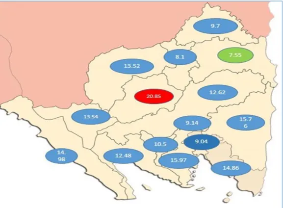 Grafik 1.15 Persentase Penduduk Miskin menurut Kabupaten Kota di Lampung, 2018 