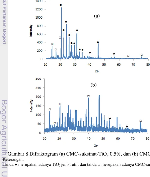 Gambar 8 Difraktogram (a) CMC-suksinat-TiO 2  0.5%, dan (b) CMC-suksinat 