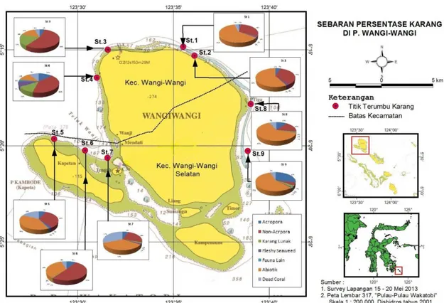Gambar 4. Peta sebaran persentase karang di Pulau Wangi-wangi. 