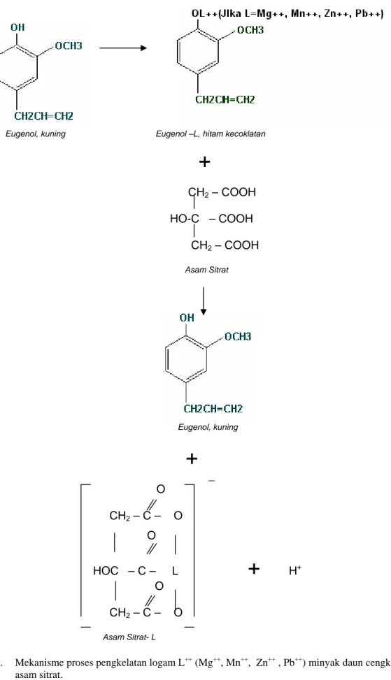 Gambar 7.    Mekanisme proses pengkelatan logam L ++  (Mg ++ , Mn ++ ,  Zn ++  , Pb ++ ) minyak daun cengkeh dengan  asam sitrat
