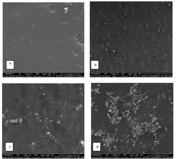 Gambar 5. Hasil SEM membran (a) membran baru (b) membran fouling emulsi bensin (c) membran fouling emulsi  pelumas (d) membran fouling emulsi solar
