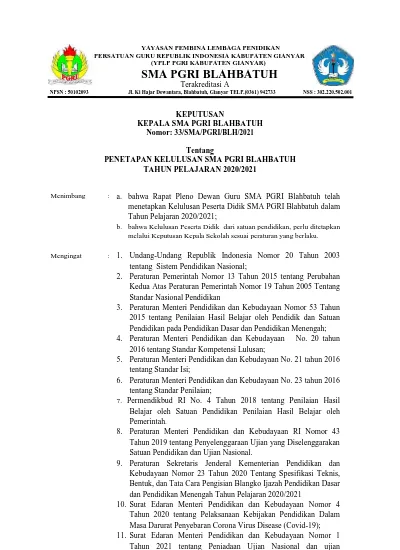 KEPUTUSAN KEPALA SMA PGRI BLAHBATUH Nomor: 33/SMA/PGRI/BLH/2021 ...