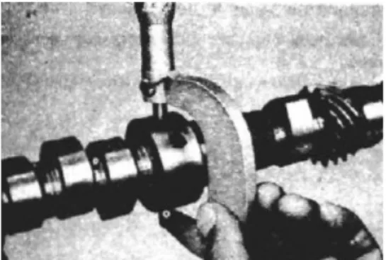 Gambar 8. Pengukuran Diameter Jurnal (Anonim, 1981 : 3-23) d.   Mengukur celah aksial camshaft menggunakan feeler gauge (STD :