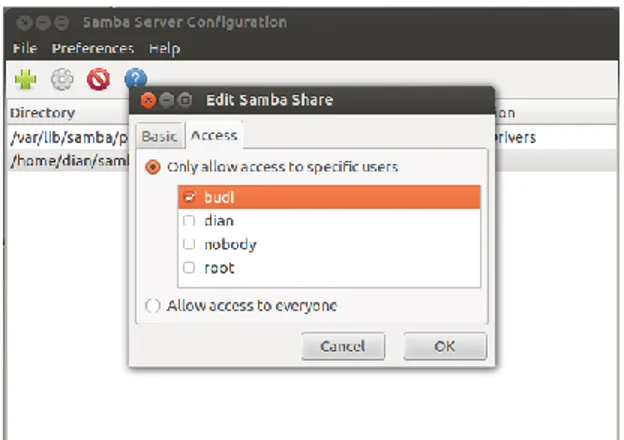 Gambar 3 Konfigurasi Samba  Percobaan  tersebut  menggunakan  1  PC  namun  terdapat  2  sistem  operasi  sistem  Linux  Ubuntu