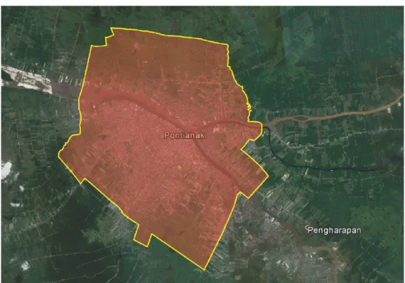 Gambar 1.1 Skala Makro Lokasi Perencanaan (Kota Pontianak)  Sumber : GoogleEarth 2015 dan Hasil Analisis 2015 