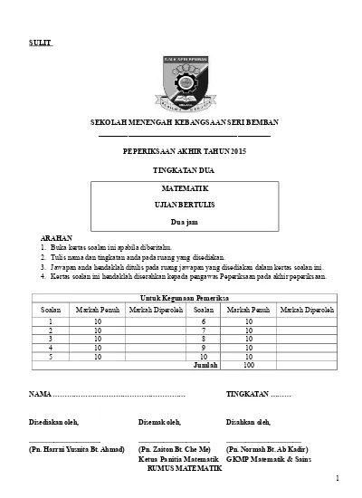 Soalan Matematik Tingkatan 2