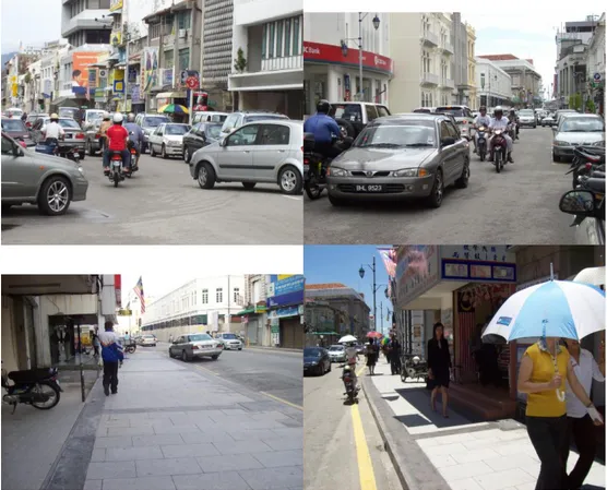 Gambar diatas menunjukkan laluan kenderaan yang sesak akibat pengguna jalan raya yang  meletakkan kenderaan di bahu jalan serta  laluan pejalan kaki yang luas dan sempit