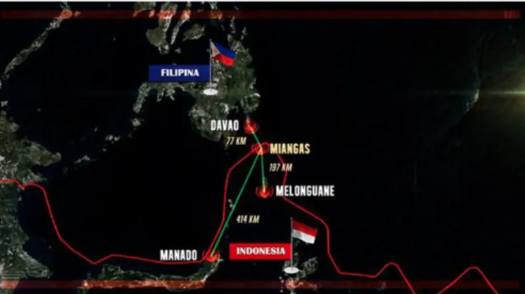 Gambar 2.3. Peta Perbandingan Jarak Miangas ke Davao dan Melong