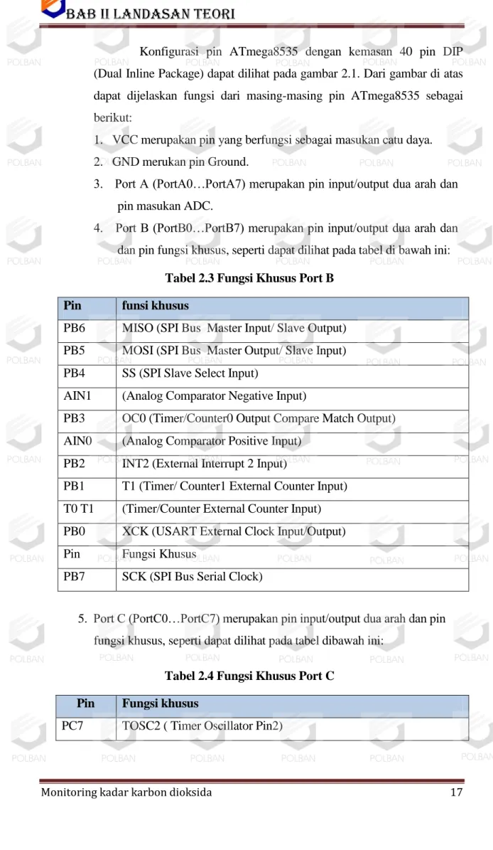 Tabel 2.3 Fungsi Khusus Port B  Pin  funsi khusus 