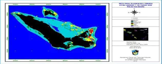 Gambar  3.  Peta  Terklasifikasi  Hasil  Penerapan  Algoritma  Citra  Landsat  7  TM  Tahun  2005 Pulau Kaledupa 