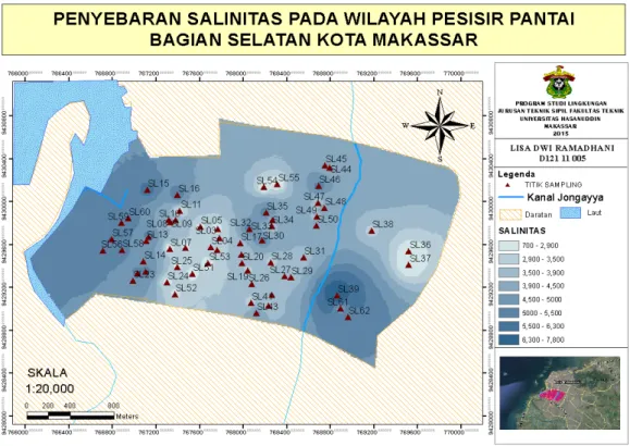 Gambar 7. Peta Penyebaran Salinitas Daerah Pesisir Bagian Utara Kota Makassar Berdasarkan Peta Penyebaran Salinitas