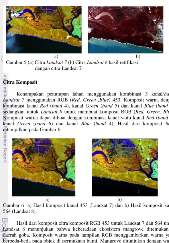 Gambar  6    a)  Hasil  komposit  kanal  453  (Landsat  7)  dan  b)  Hasil  komposit  kanal  564 (Landsat 8)