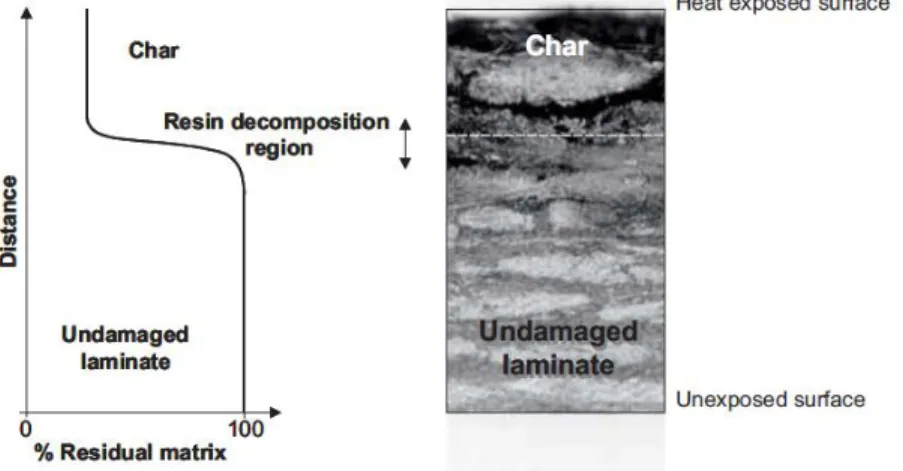 Gambar 2.1  Kegagalan panas pada laminate menunjukkan perbedan wilayah  kerusakan (Mouritz, dkk., 2006)