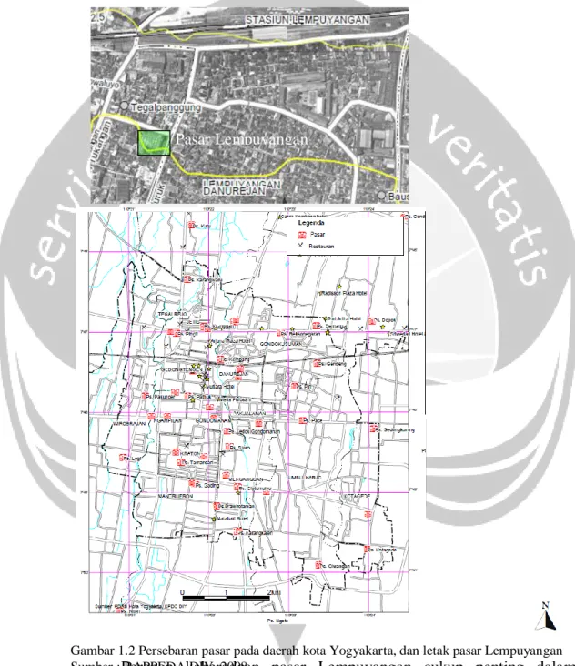 Gambar 1.2 Persebaran pasar pada daerah kota Yogyakarta, dan letak pasar Lempuyangan  Sumber : BAPPEDA DIY, 2008 