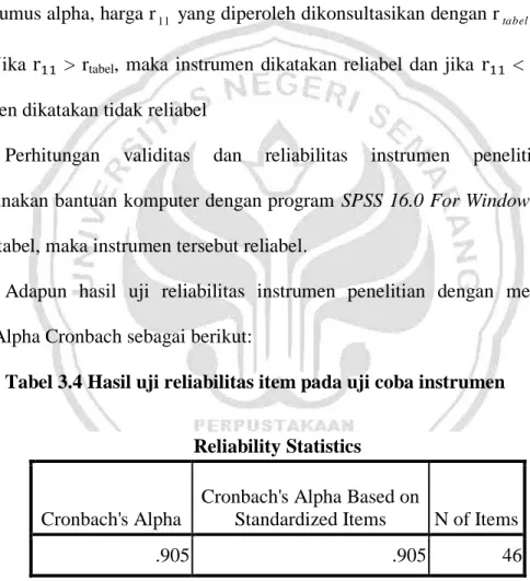 Tabel 3.4 Hasil uji reliabilitas item pada uji coba instrumen 