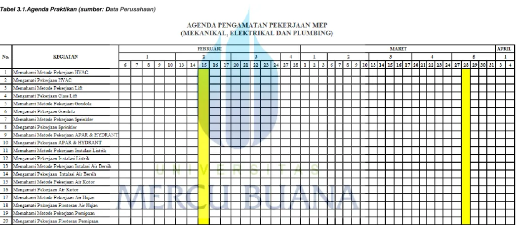 Tabel 3.1.Agenda Praktikan (sumber: Data Perusahaan) 