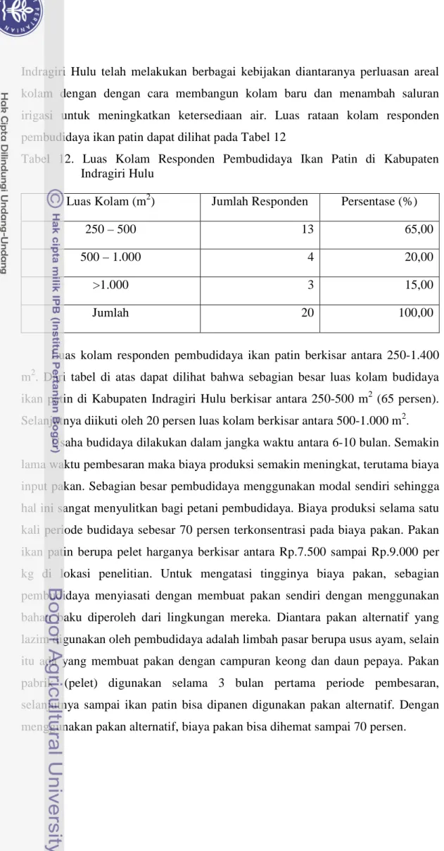 Tabel 12. Luas Kolam Responden Pembudidaya Ikan Patin di Kabupaten  Indragiri Hulu   