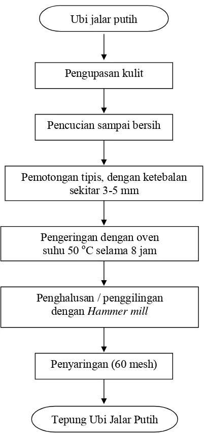 Gambar 5. Diagram alir proses pembuatan tepung ubi jalar putih (modifikasi Koswara et al., 2003)